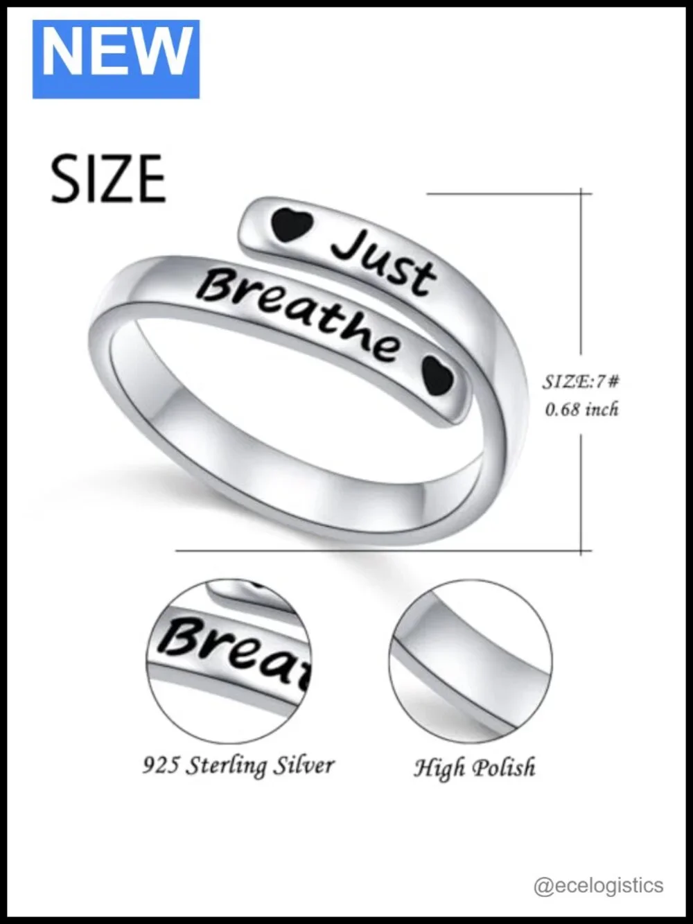 925 Sterling Silver Adjustable Just Breathe Motivational Ring